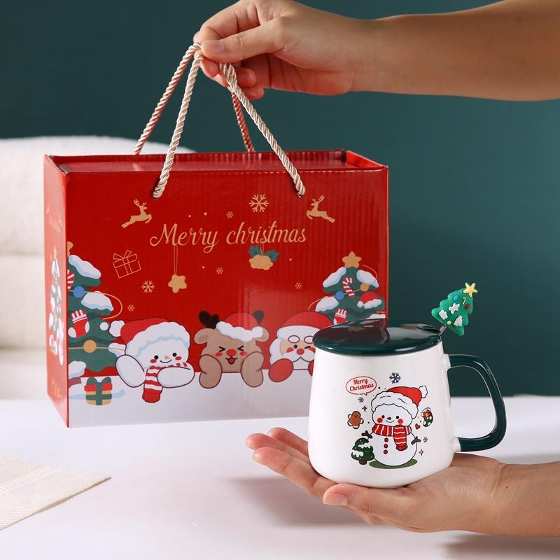 Cute Christmas Ceramic Cup with Lid and Spoon Cartoon Christmas Tree Coffee High-value Mug Souvenir Christmas Children's Gift