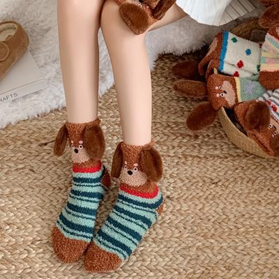 1 Pair Floor Socks 3D Cartoon Dachshund Design Striped Print Elastic Opening Socks Coral Fleece Thickened Mid-Length Sleeping Socks