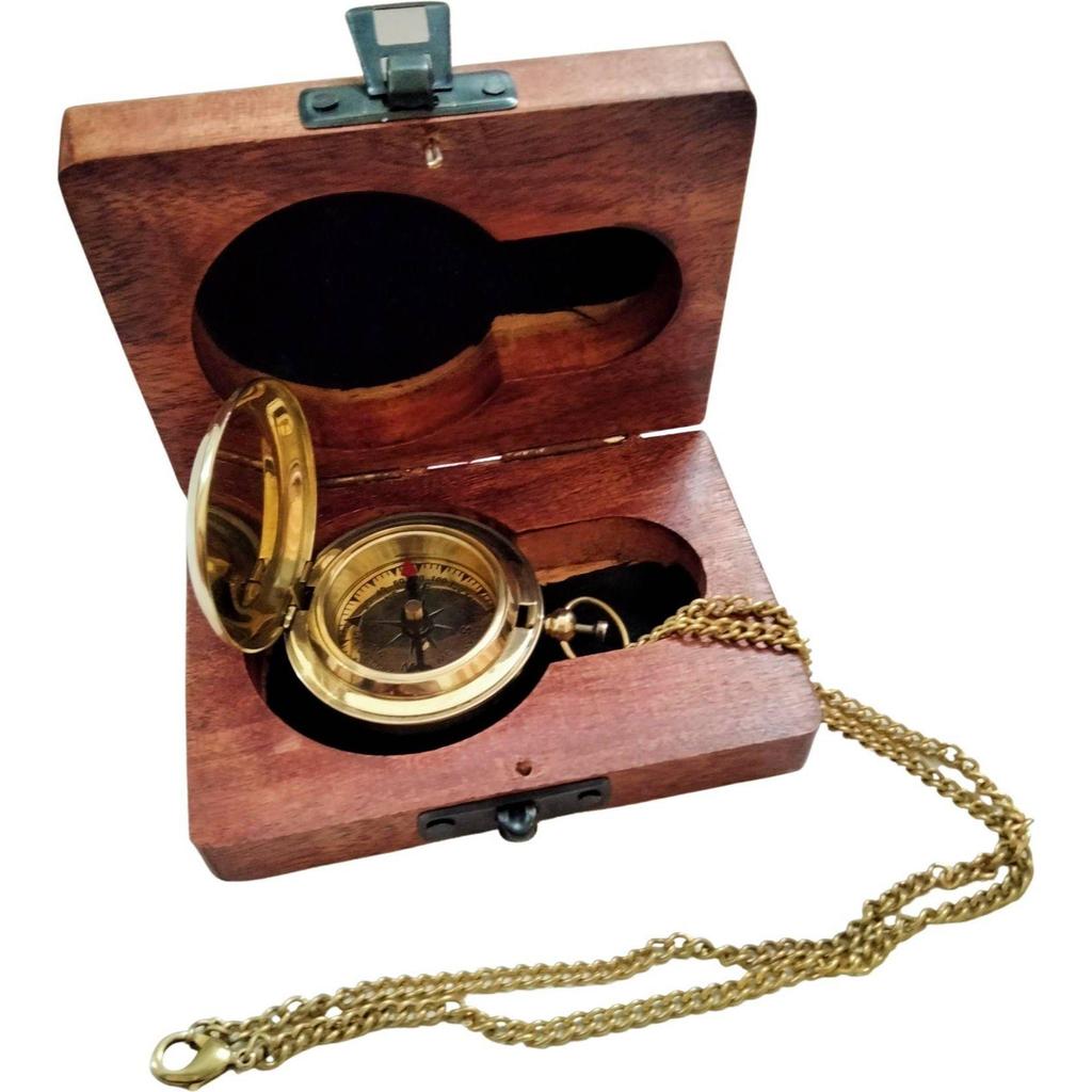 India Brass Push Button Lid Compass Chain with Gift Wood Box Compass  (Gold