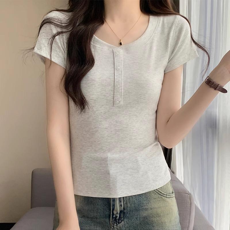 

Синяя нежная футболка с короткими рукавами и короткими рукавами для женщин, весна и лето, новый стиль, полуоткрытый воротник, западный стиль, утягивающий низ, топ с резьбой XL