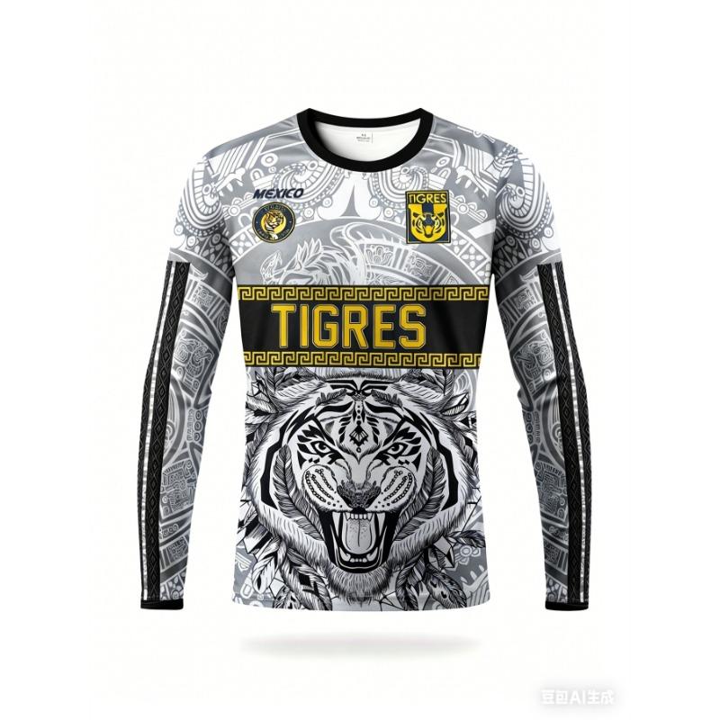 Mexican Aztec Men's Soccer Long-Sleeve Jersey Crew Neck Comfortable Sports Top for Competition, Training, Fitness, and Outdoors