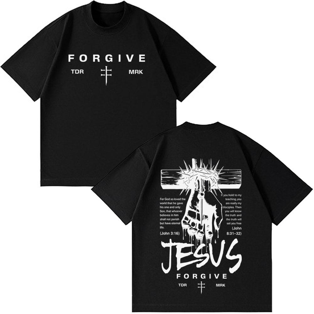 Jesus Forgive Vintage Fashion Graphic Tshirt Unisex Unisex Casual Loose Tshirts Shortsleeved Oversized Hiphop Cotton Tshirts