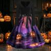 Damen Freizeitkleid mit langen Ärmeln und V-Ausschnitt, Vintage-Stil, mit Halloween-Kürbisdruck, Retro-Stil, Vollrockkleid mit Taillengürtel für saisonale Kleidung