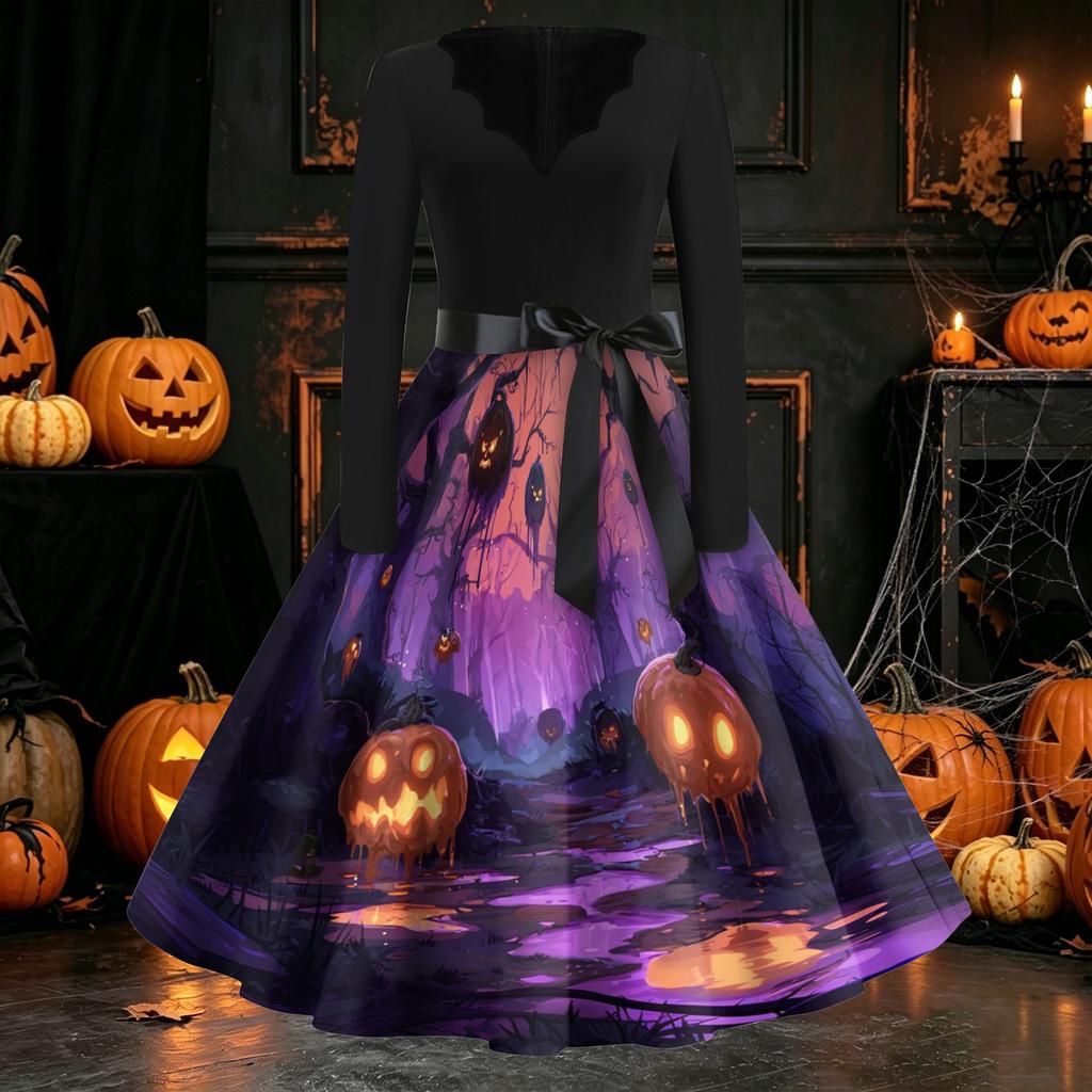 Damen Freizeitkleid mit langen Ärmeln und V-Ausschnitt, Vintage-Stil, mit Halloween-Kürbisdruck, Retro-Stil, Vollrockkleid mit Taillengürtel für saisonale Kleidung