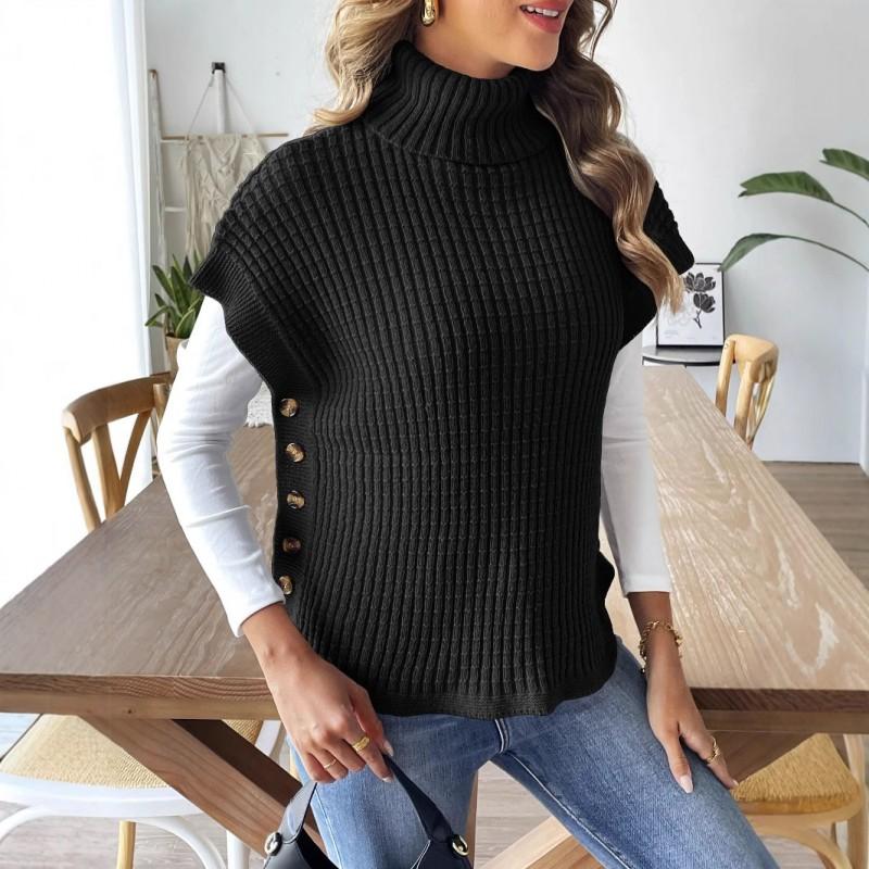 Womens Winter High Neck Knit Vest Sleeveless Cardigan With Button Detail Casual Streetwear Top