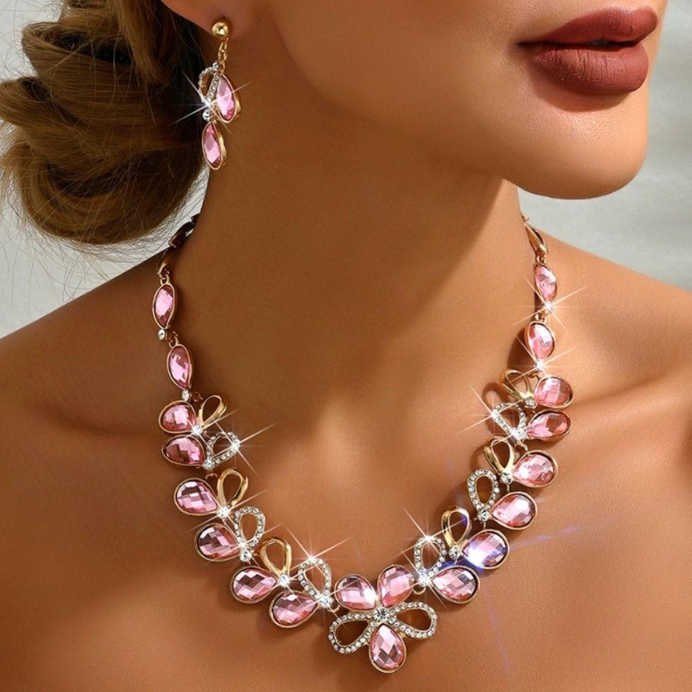 Shining Rhinestone Jewelry Set Crystal Necklace Bridal Earrings  Banquet