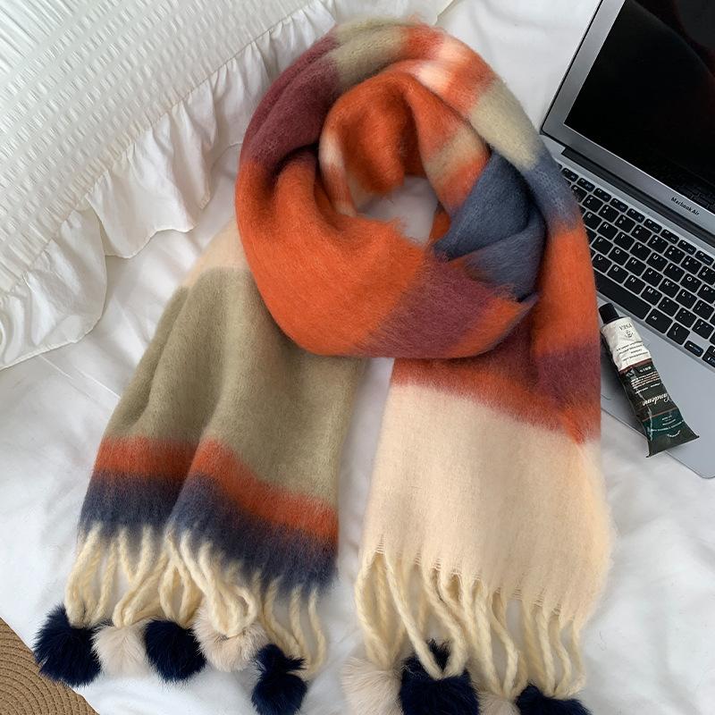 Premium Scarf Women's Winter Hairball Warm Dopamine Scarf Soft Waxy Rainbow Stripes Cold Long Shawl Tide