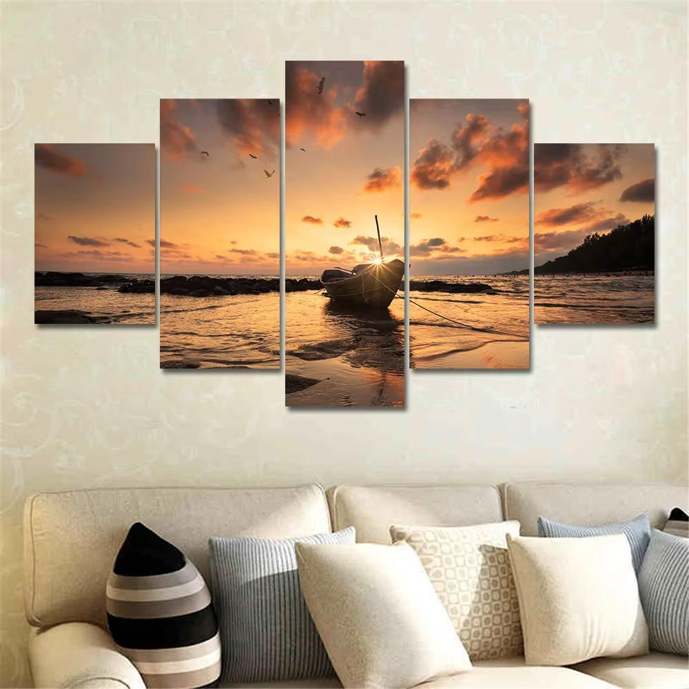 5 Panels Bootschiff Bilder Leinwandmalerei Meereslandschaft Poster und Drucke Wandkunst für Wohnzimmer Heimdekoration Ohne Rahmen