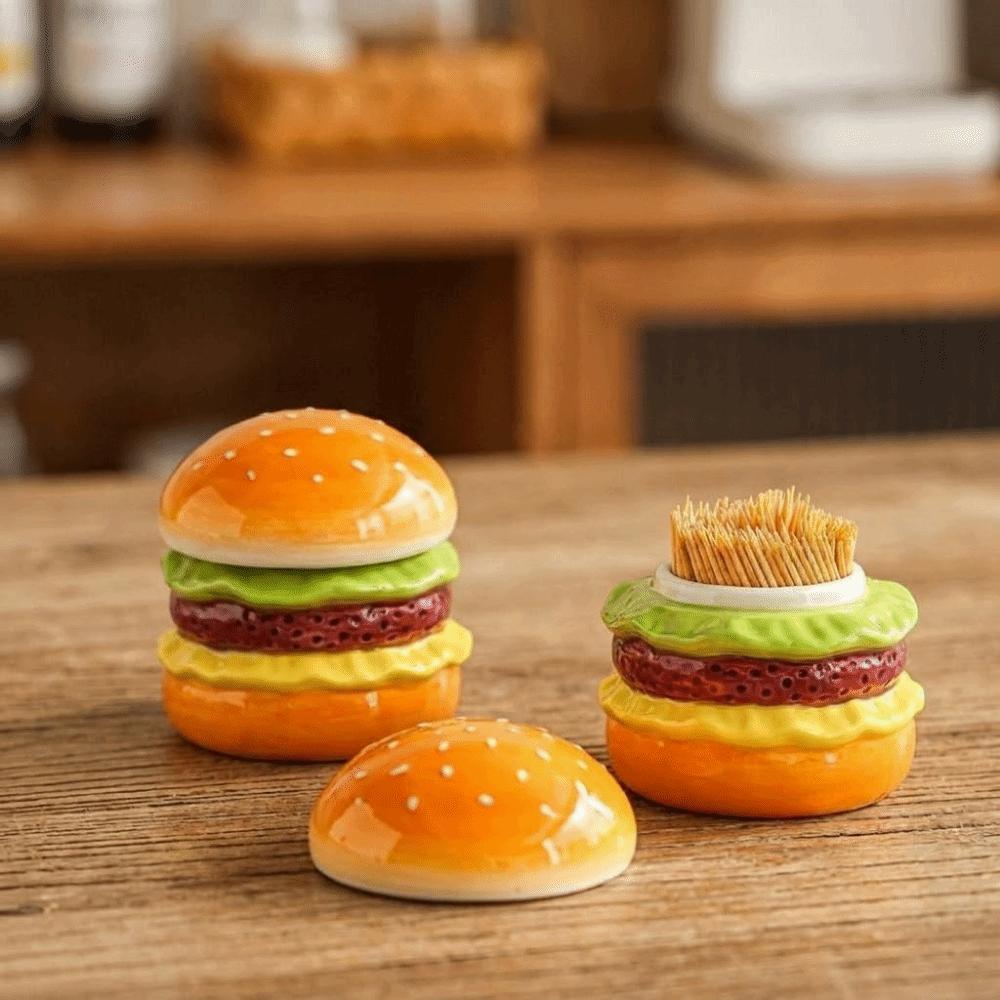 Ceramic Hamburger Toothpick Holder Dust-proof Dental Floss Box Funny Toothpick Jar Office