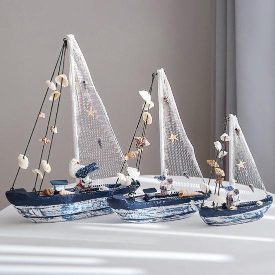 Pobřežní dřevěný model plachetnice Rustikální námořní figurka lodi se skořápkou a hvězdicí Plážové oceánské téma Stolní ozdoba do obývacího pokoje ložnice