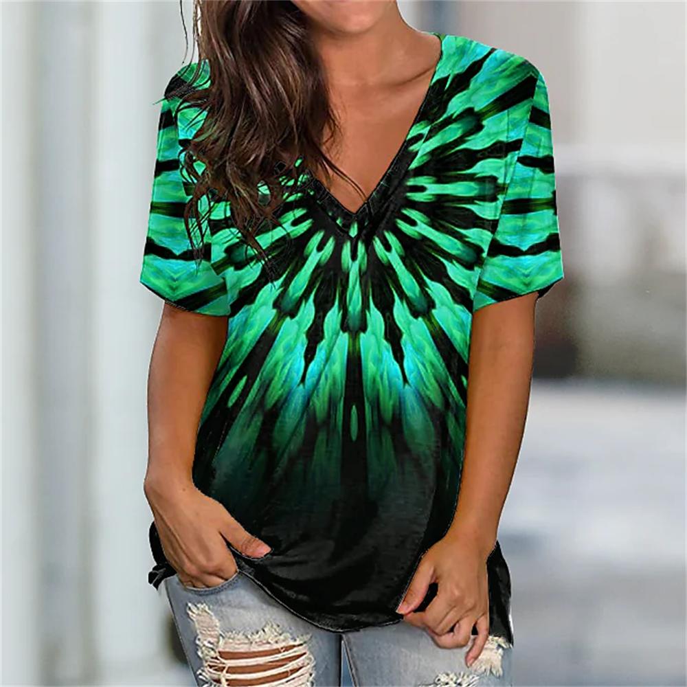 Summer V-neck 3D Printed Top Fashionable Casual Short Sleeved Women's T-shirts