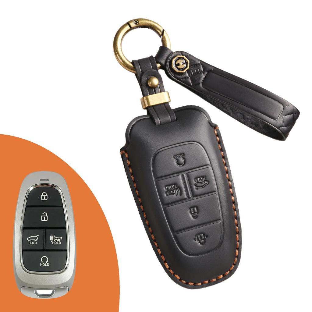 Leather Car Key Case Cover Fob Protect for Hyundai 3/4/5/7 Buttons Top Layer Leather