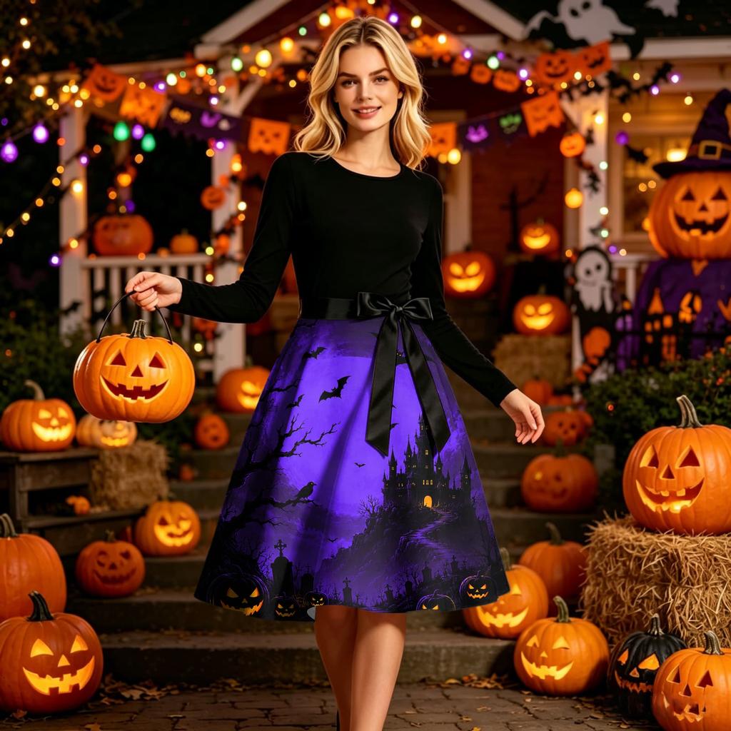 Women Crew Neck Halloween Print Dress Long Sleeve Casual Style A Line Midi Dress with Belt and Pattern Skirt