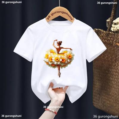 Niedliches Mädchen Ballett Tanz Bedruckte Baumwolle Kinder T-Shirts Kawaii Mädchen Kleidung Sommer Kinder Kurzarm Weißes Oberteil