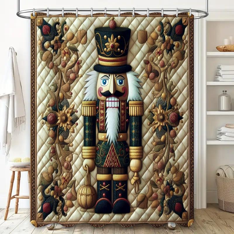 Classic Nutcracker Soldier Shower Curtain , Green Gold Uniform Design for Traditional Christmas Bathroom