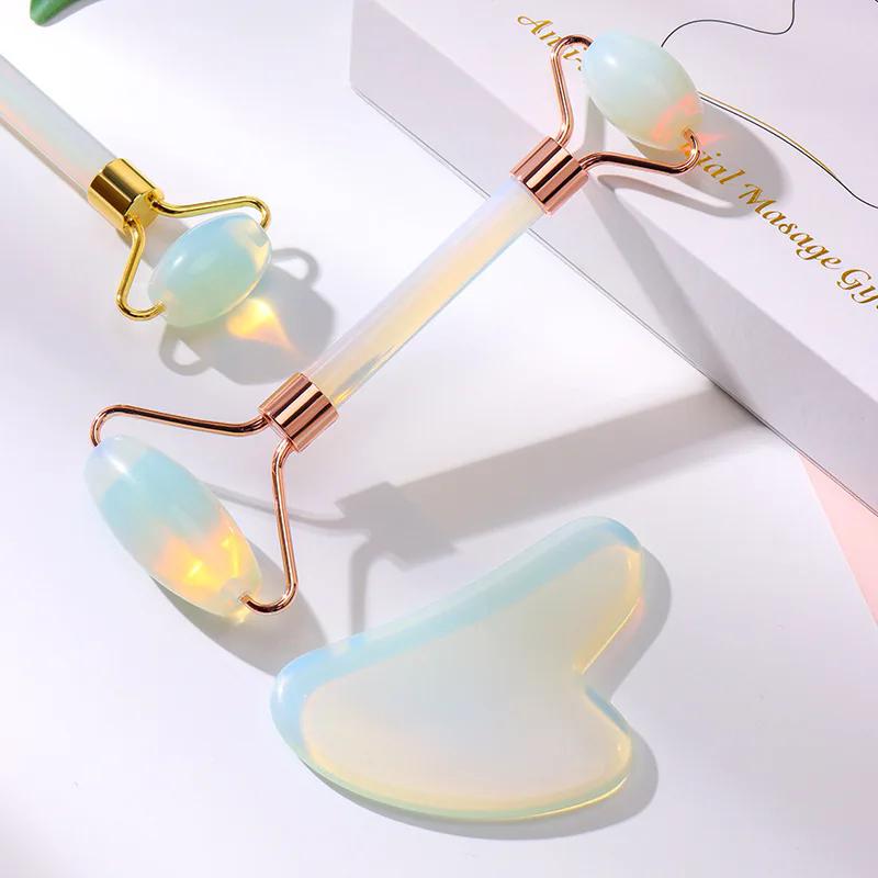 Opalite Jade Massage Roller Gua Sha Set Opal Quartz Crystal Facial Skin Lifting Anti Wrinkle Gouache Scraper Jade Massager