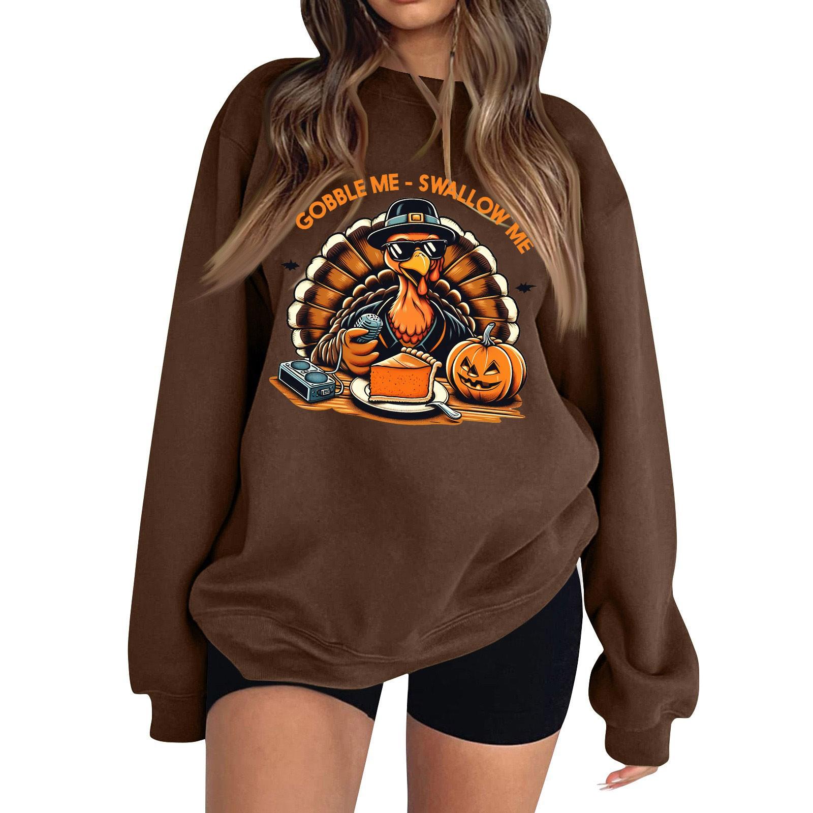 

Женская мода с длинным рукавом и круглым вырезом с принтом ко Дню благодарения, свитшот XL коричневый