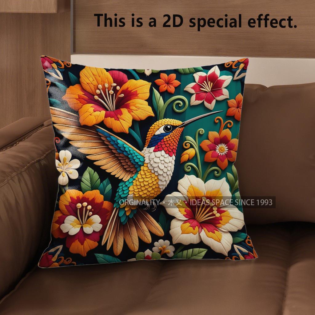 

2D Bohemian Hummingbird Floral Throw Pillow Covers Pattern Cushion Cover Suitable For Sofa Bedroom Car Pillow Cover 40x40cm