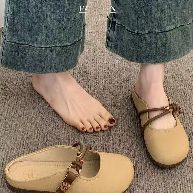 Baotou Halbschuhe Damen Sommer Draußen 2025 neu flachsohlig Ein-Pedal Halbstütze Einzelne Schuhe Weichsohle Französisch Cool Slipper