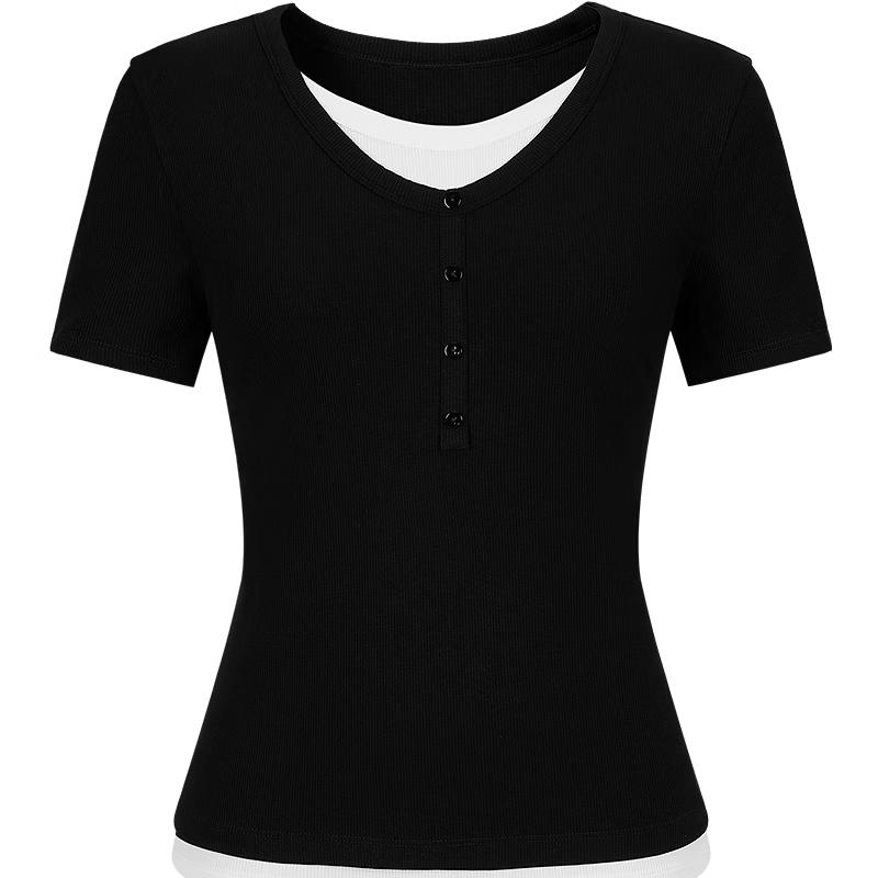 JUZUI Women s Ribbed Slim Fit Faux Two-Piece T-Shirt S