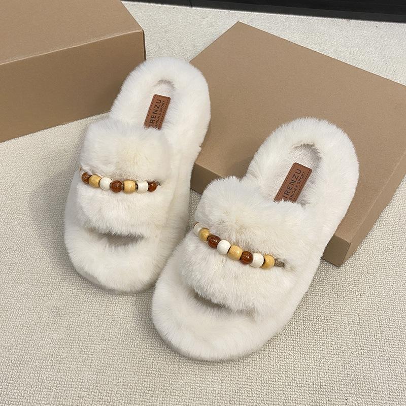 Mao Mao slippers women's home wear fashion 2025 household thick-bottomed beaded small fragrant wind warm one-word cotton slippers