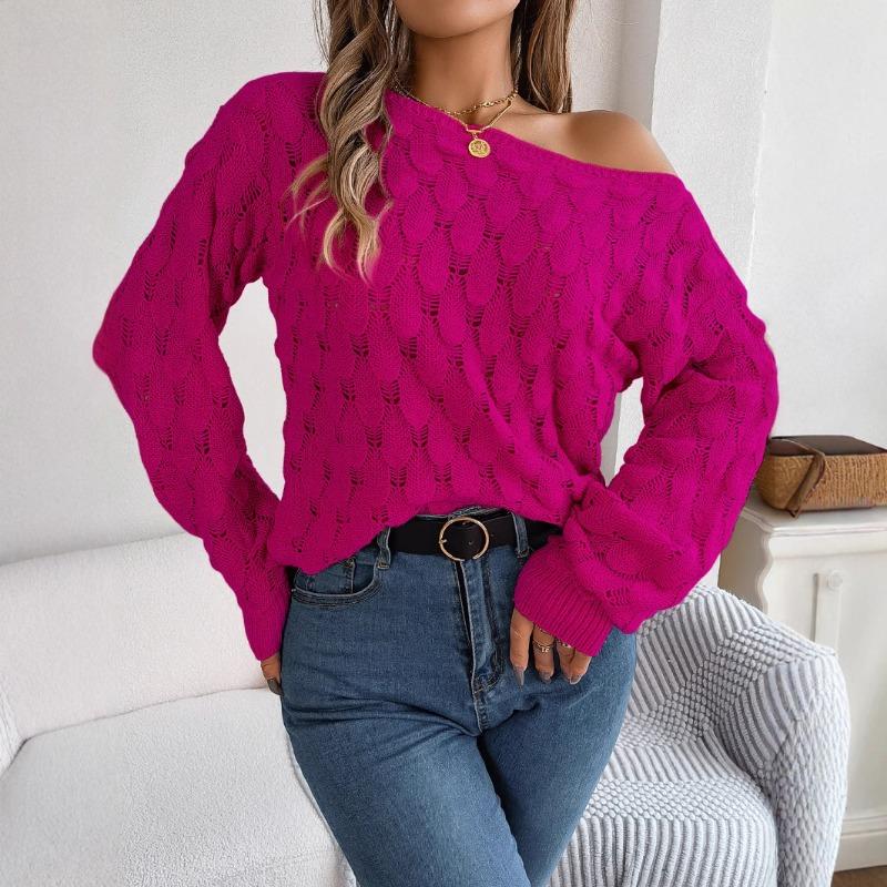 Casual Feather Hollow One-word Neck Off-the-shoulder Lantern Sleeve Sweater, Independent Station Women's Clothing