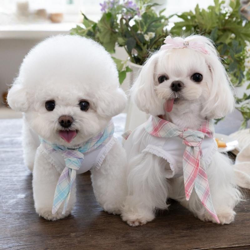 Pet Spring Cool Sun Protection Vest Drool Towel Pet Couple Clothing Decoration Teddy Cute Plaid Dress Puppy Clothes