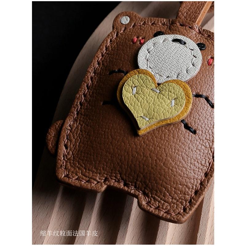 Teddy Bear Bag Keychain Genuine Leather Car Accessory Handmade Small Decoration