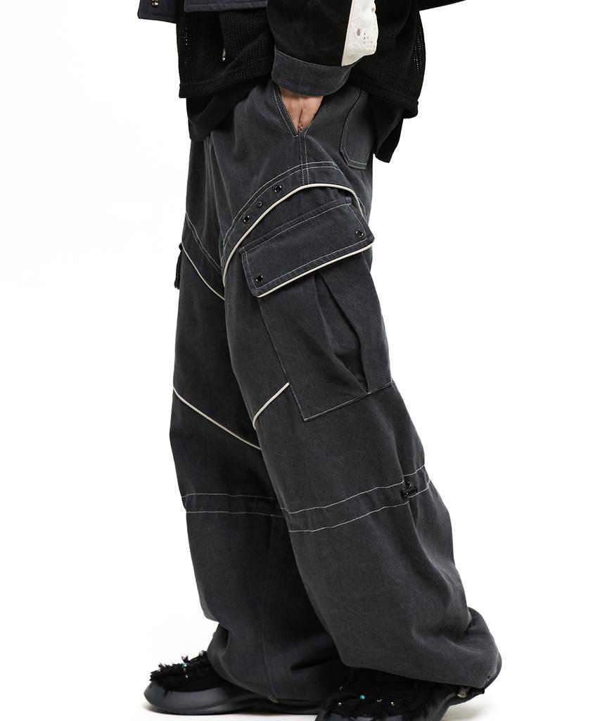 Aleseuseussi Knee String Cargo Denim Pants - Gray