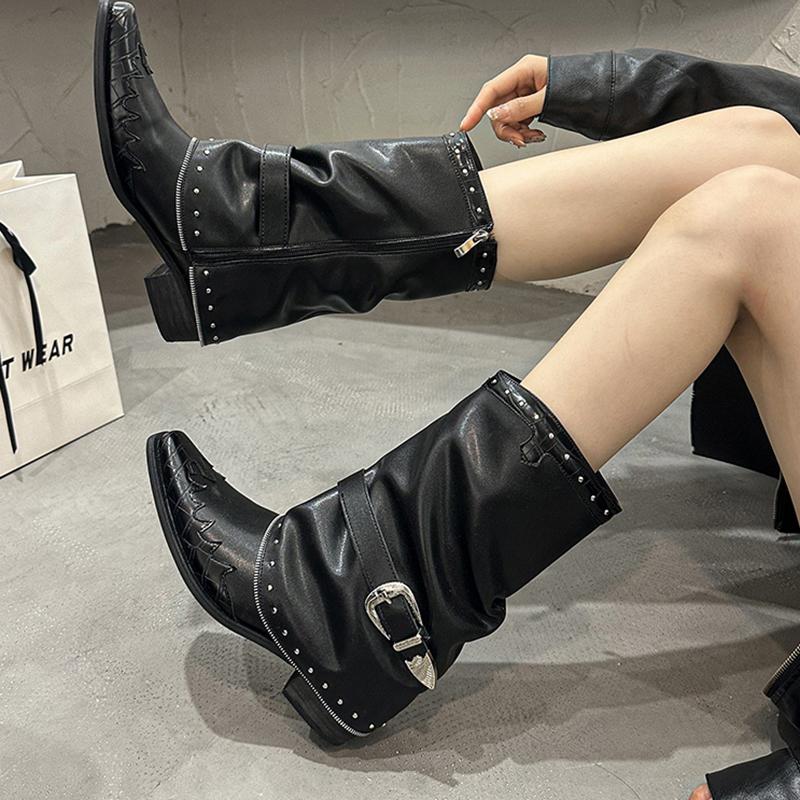 Fashion Goth Rivets Thick Heels Mid Calf Boots Women Fashion Pointed Toe Zipper Riding Boots Woman Spring Autumn Belt Buckle Punk Botas