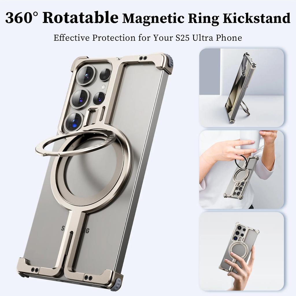 Oatsbasf Frameless Phone Case for Samsung Galaxy S25 Ultra Magnetic Wireless Charging Phone Back Cover Shockproof Bumper W/ Ring