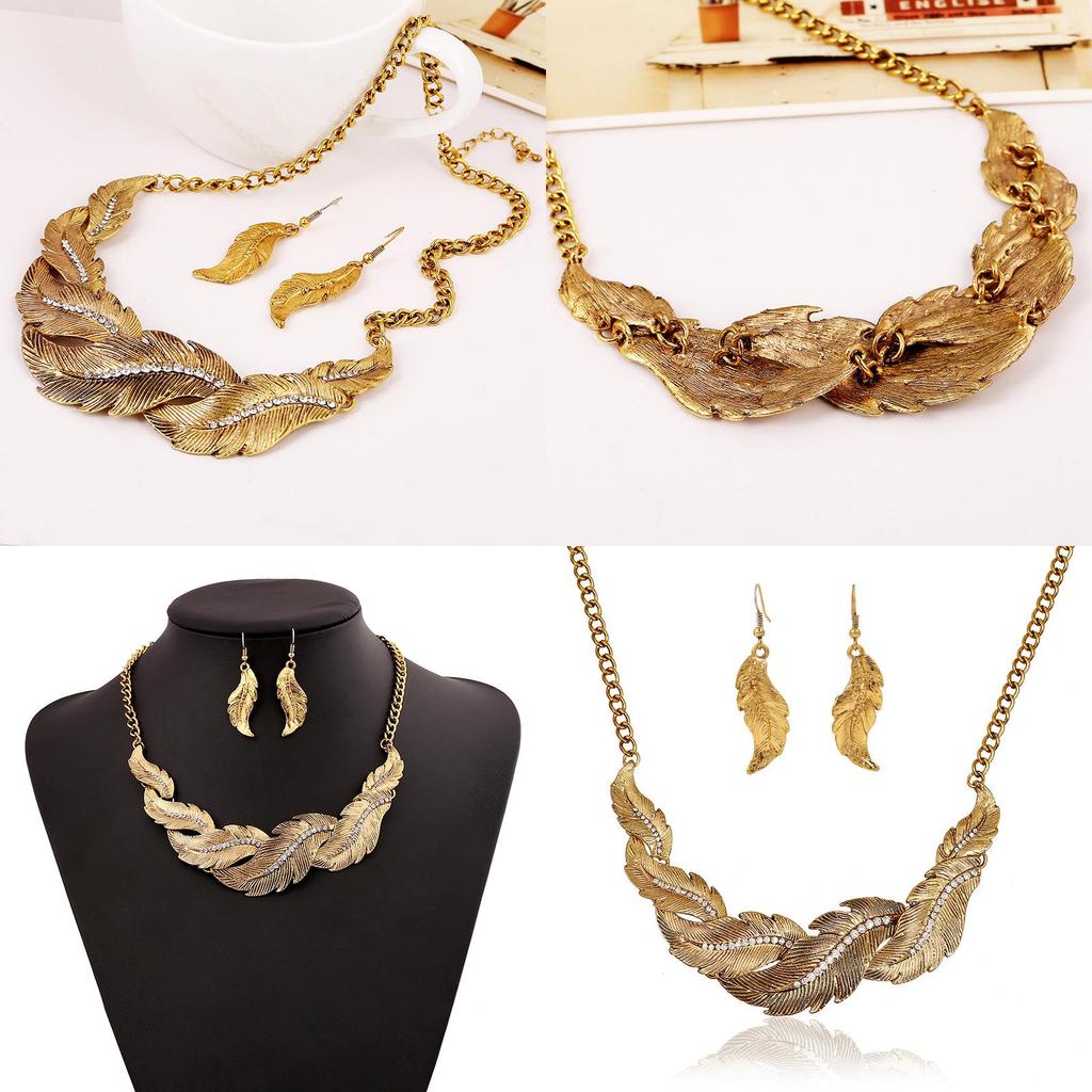 Fashion Rhinestone Decoration Feather Design Women Gold Necklace And Earring Set For Casual Wear And Employee Benefits