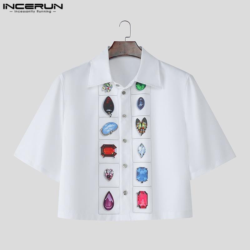 INCERUN Men Lapel Neck Short Sleeve Printing Casual Loose Cropped Shirts