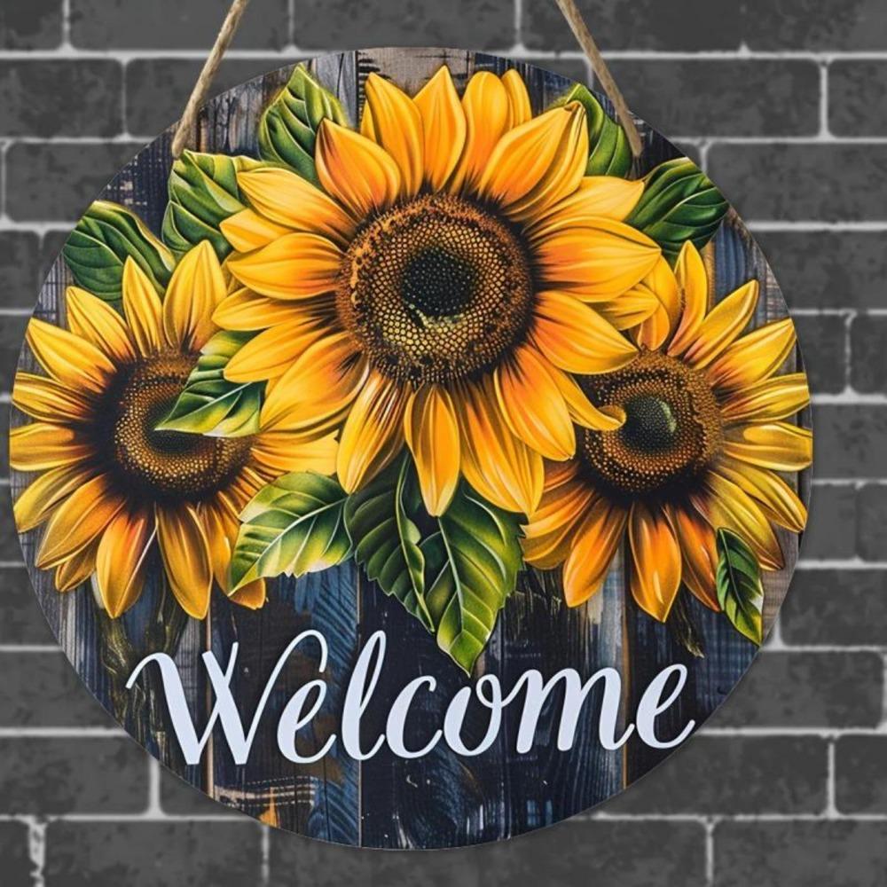 Hisun Tin Sign Vintage Welcome Sunflower Metal Tin Sign Retro Rustic Yellow Sunflower On Dark Wood Round Wall Art Decor Classic Farmhouse Flo