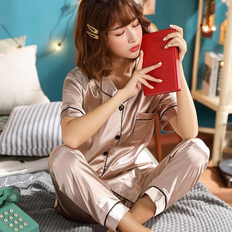 Simulation Silk Pajamas, Women's Ice Silk Two-piece Set, Casual Cardigan Pajamas, Can Be Worn Outside The Home Clothing