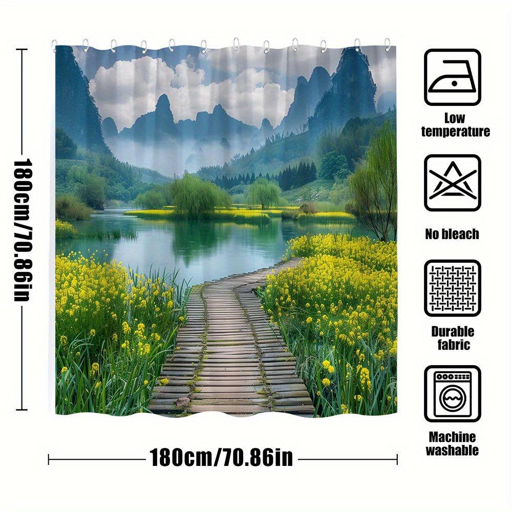 1Pc Extra Long Bathroom Curtain - Serene Landscape With Wooden Path, Tranquil Pond, Misty Mountains & Yellow Wildflowers