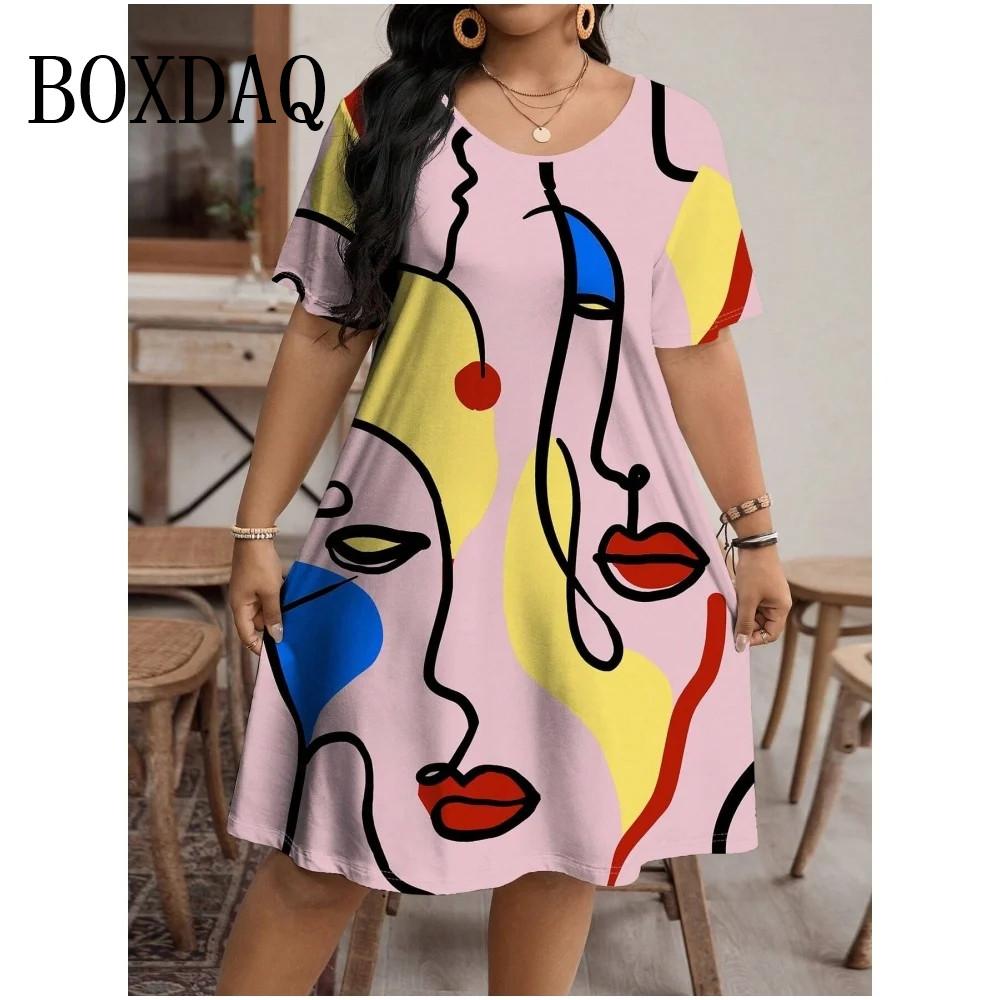 Fashion Women Dress Painted Art Face Streetwear Pattern Print Summer Dress Casual Short Sleeve Loose Dresses Plus Size