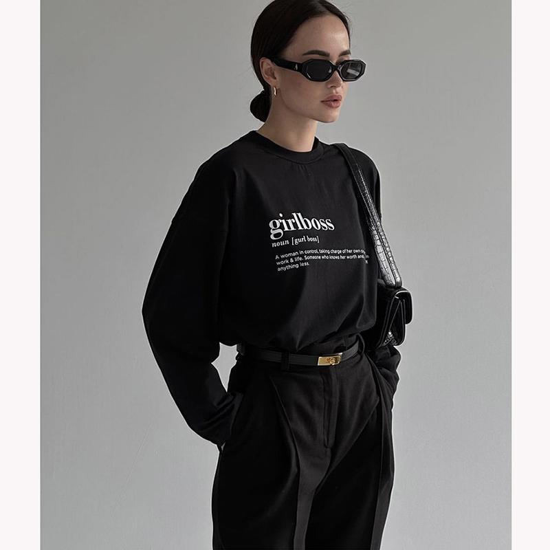 Hirsionsan Sanfte Brief Gedruckt Oansatz Langarm T Shirts Frauen Vintage Grundlegende Alle-spiel Pullover Tees Weibliche Freizeit Kleidung