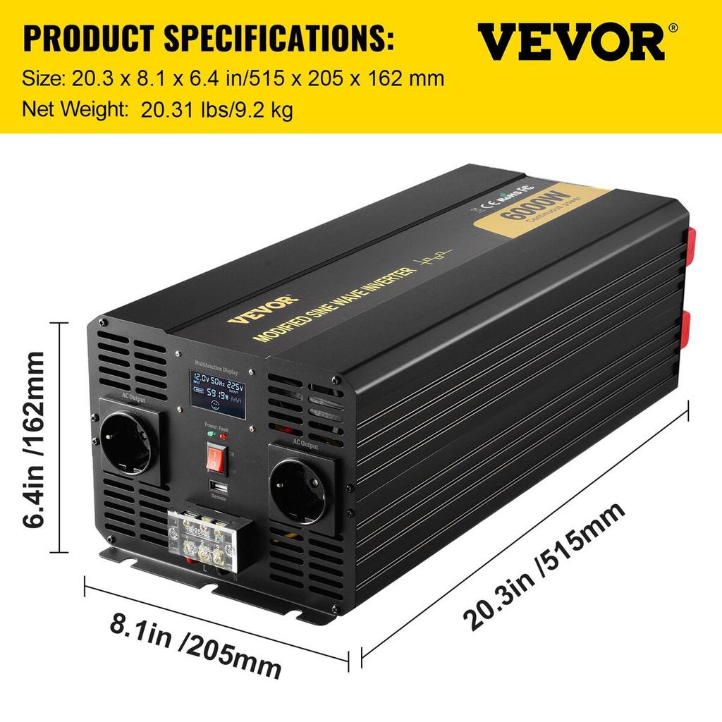 Power Inverter Modified Sine Wave Inverter 6000W DC 12V To AC 230V LCD