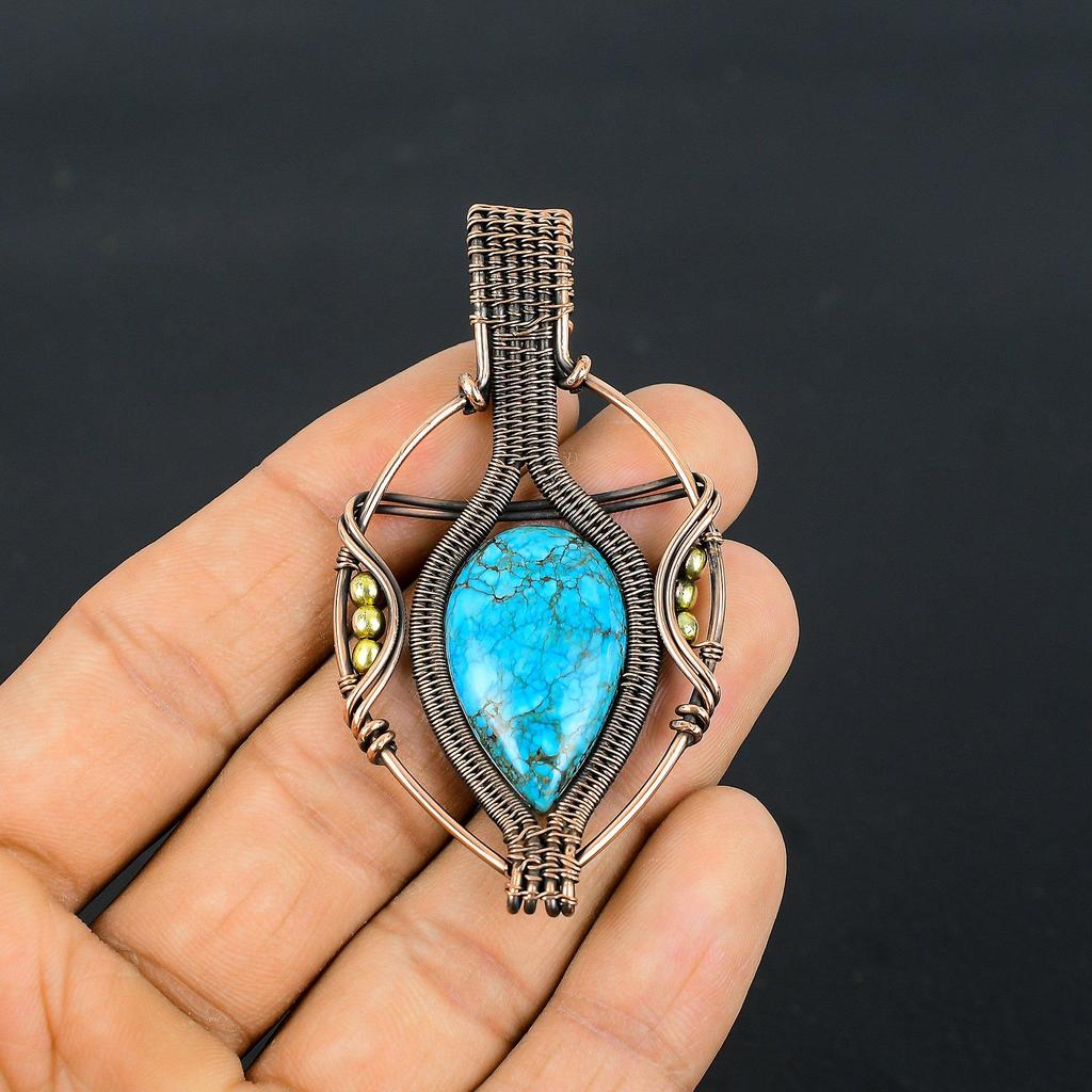 Tibetan Turquoise Pendant, 999 Copper Wire Wrapped Gemstone Jewelry, Handmade Pendant, For Thanksgiving