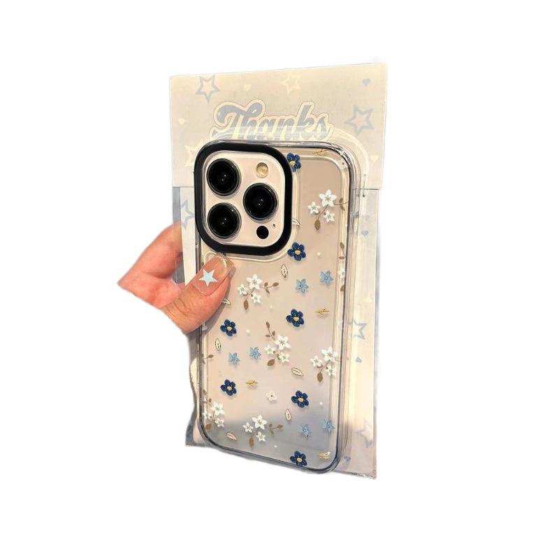 Blue & White Floral Phone Case for Apple 13, 14Pro Max, 15, 12, 17Pro - Full Screen, Transparent, Cute, Drop-Proof.