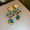 Vintage Blue Rhinestone Teardrop Earrings - Retro Luxury Court Style Geometric Studs