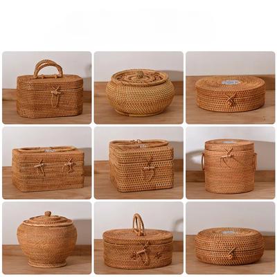 Handgewebte Rattan-Aufbewahrungsbox mit Deckel, Tee-Lebensmittelbehälter, Kongfu-Tee-Set, Brot, Obstkorb mit Deckel, Puer-Teebeutel-Organizer
