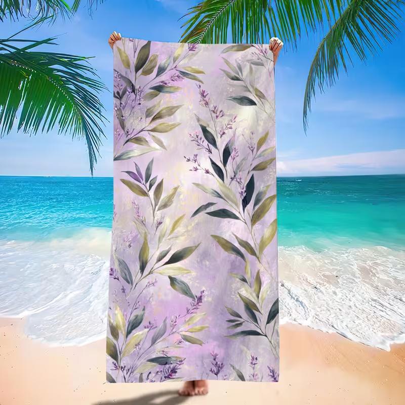 Lavendel Lila Aquarell Grünes Blatt Blumendruck Strandtuch Sandfest Schnelltrocknendes Handtuch für Strand Spa Zuhause Dusche