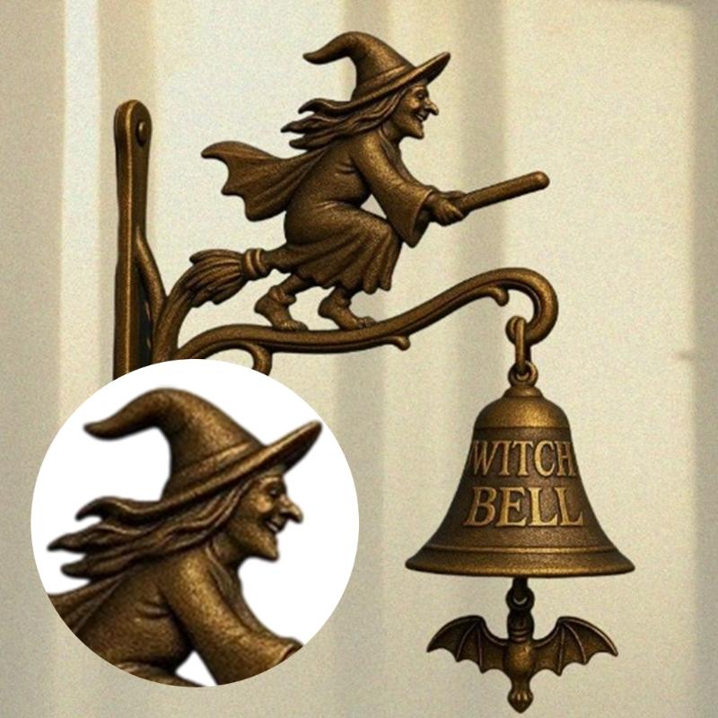 Witch Themed Entryway Door Chimes Handmade Wall Hanging With Metal Bells and Antique Hook For Mystical Home Decoration