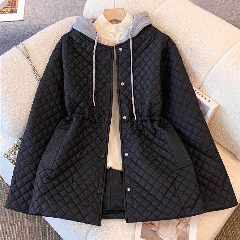 Women's Casual Hooded Coat Fashionable Colorblock Argyle Pattern Hooded Coat Drawstring Waist Zip Up Outwear with Pockets