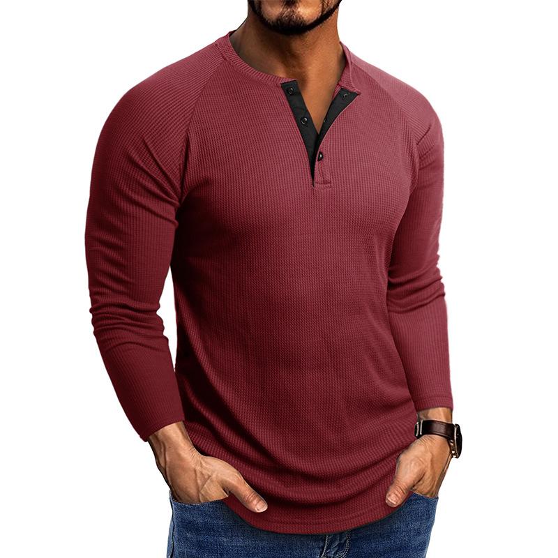 Men Casual Waffle Knit Henley Long Sleeve T Shirt