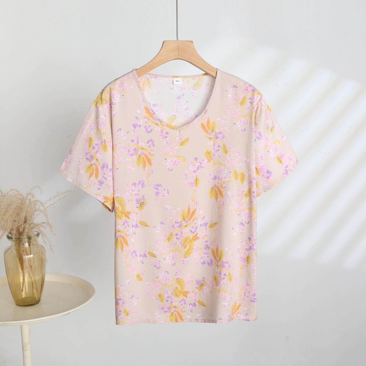 

Летняя хлопково-льняная футболка с цветочным принтом, V-образным вырезом и коротким рукавом 3XL