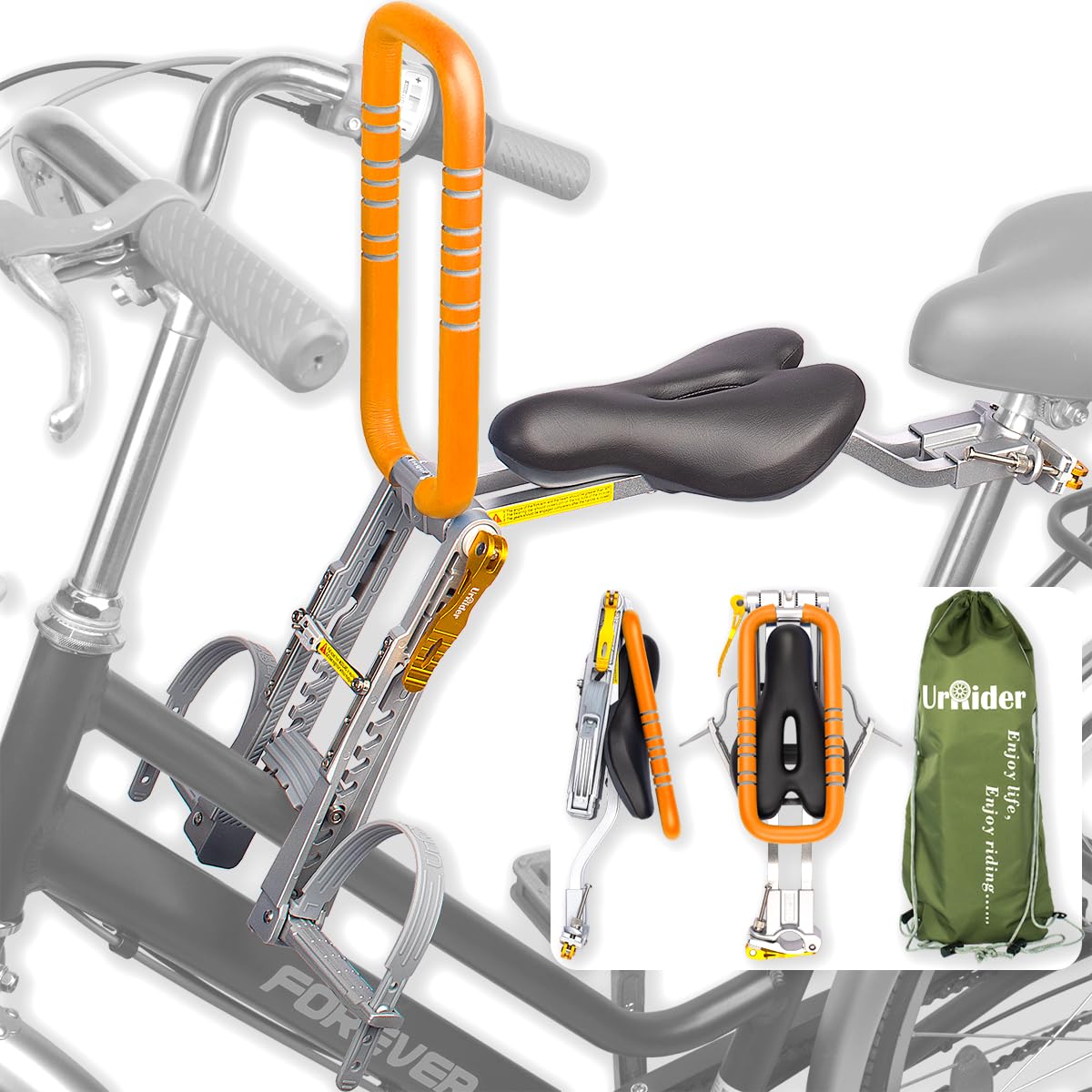 

UrRider Child Car Seat for City and Family Electric and Mountain Folds No Tools Suitable for children aged weighing up to Bicycles, Bikes, Bikes. оранжевый