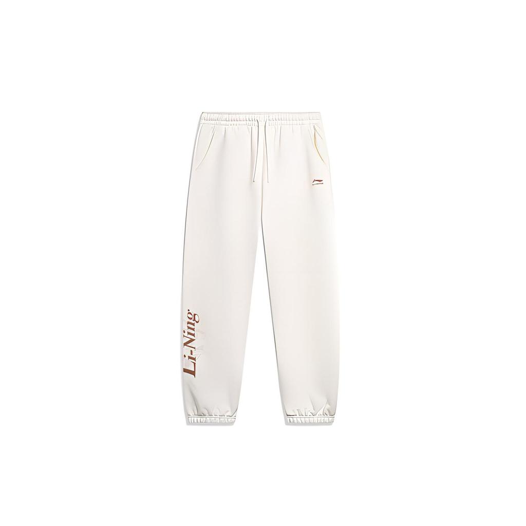 Li Ning Sports Lifestyle Series Letter Print Drawstring Cuffed Thickened Knitted Sweatpants Women Sweatpants Off-White AKLTD64-1